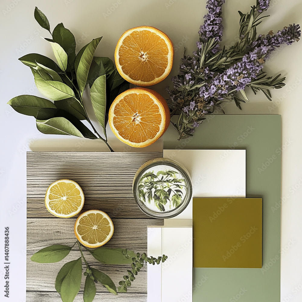 Poster fresh oranges and lemons are arranged with green leaves and lavender, creating vibrant and refreshin
