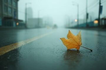 Wet street with a single yellow leaf during a foggy morning in the city