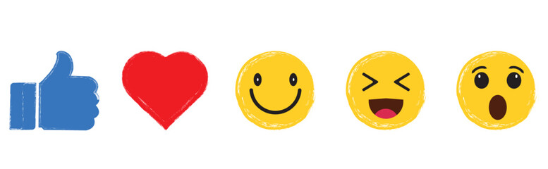 Set of Facebook emoji buttons. Hand drawn grunge brush emoji with Facebook emoji buttons. Facebook Social Reaction Emojis.
