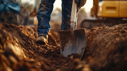 Construction laborer digging a trench on a construction site. Featuring strength and determination