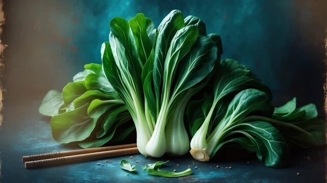 Ingredients for Asian cooking featuring pak choi and chopsticks on a dark vintage backdrop, space for text, banner.