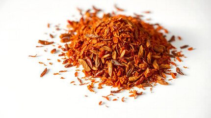 Fototapeta premium A modern flat design illustration of spicy chili red pepper flakes and paprika, isolated on white. The image uses simple, two-dimensional shapes and volumetric lighting with visible light beams t