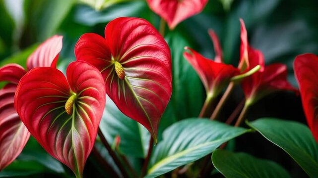 Anthurium bloom. Shades of red and green. Zoomed-in view of expansive petals showcasing a veiny pattern. Cultivating plants and gardening. Premium video.