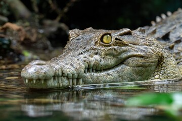 Obraz premium A formidable crocodile emerges from murky swamp waters, displaying detailed scales and a piercing gaze, perfect for wildlife and nature themes.