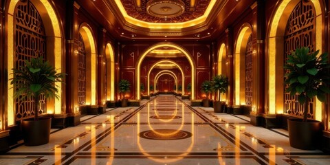 Obraz premium Luxurious Grand Hallway with Ornate Archways and Warm Golden Lighting, Featuring Polished Marble Floors and Elegant Planters
