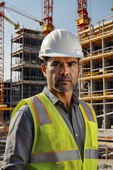 A construction worker wearing a hard hat and reflective vest, standing confidently at a building site with cranes and scaffolding in the background,Generative Ai
