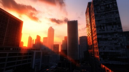 Obraz premium City Sunset Skyline, Urban Sunrise, Skyscrapers, Dramatic Clouds