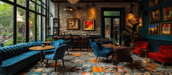 Stylish cafe interior with art and cozy seating