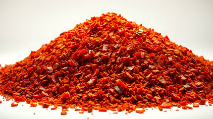 Fototapeta premium A modern flat design illustration of spicy chili red pepper flakes and paprika, isolated on white. The image uses simple, two-dimensional shapes and volumetric lighting with visible light beams t