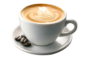 Fototapeta premium A creamy cappuccino, a perfect start to the day, with latte art and coffee beans, in a bright white cup.