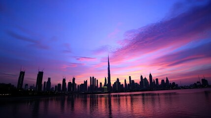 Dubai Skyline Sunrise Silhouette over Water