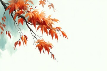 Fototapeta premium Vibrant autumn leaves gracefully hang from a branch against a soft, light background