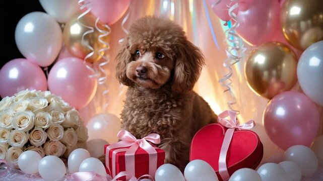 A cheerful toy poodle is perched beside a large bunch of white roses, surrounded by colorful balloons