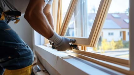 Hispanic carpenter installing wooden windows in a house. Featuring carpentry and home improvement