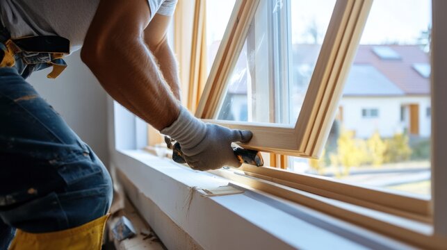 Hispanic carpenter installing wooden windows in a house. Featuring carpentry and home improvement