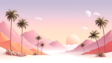 Obraz premium Pastel desert landscape with palm trees at sunset digital art tranquil view