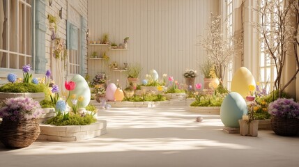 Easter decoration chick ornaments festive banners. Whimsical Easter Garden with Giant Eggs and Blossoming Flowers on a Bright Sunny Day Display.