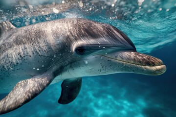 Fototapeta premium A sleek dolphin swims gracefully through crystal-clear water, sunlight dappling its skin and highlighting intricate fin details amidst tiny, rising bubbles.