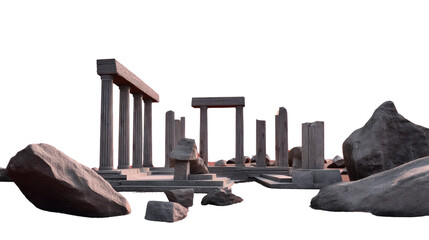 Ancient Ruins in the Sunset: An evocative scene of an ancient temple in ruins against a backdrop of  golden sunset hues. The crumbling columns, shattered pillars.