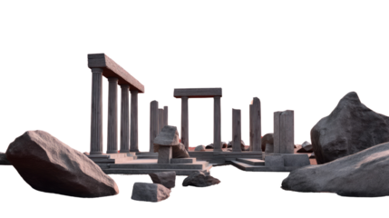 Ancient Ruins in the Sunset: An evocative scene of an ancient temple in ruins against a backdrop of  golden sunset hues. The crumbling columns, shattered pillars.