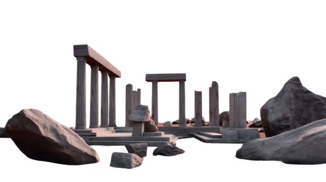 Ancient Ruins in the Sunset: An evocative scene of an ancient temple in ruins against a backdrop of  golden sunset hues. The crumbling columns, shattered pillars.