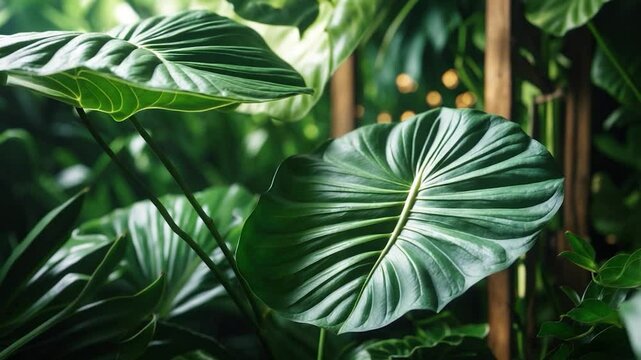 Detailed view of anthurium leaves showcasing the unique layering pattern.