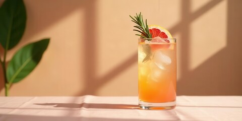 Fototapeta premium Refreshing citrus beverage with rosemary garnish, illuminated by sunlight streaming through a window, sits on a soft pink surface