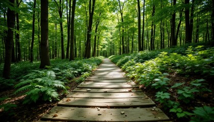 A sun dappled path of weathered wooden planks winds its way through a dense woodland