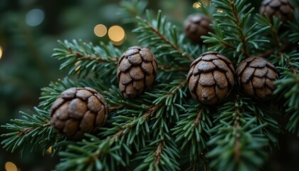 A close up shot reveals a section of a verdant bough, its needles a rich, deep green, dusted with a subtle shimmer of simulated frost
