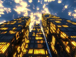 Beautiful view from bottom to top of the skyscrapers in the evening at sunset. 