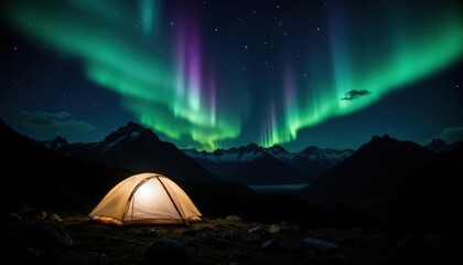 A lightweight dome tent, its translucent fabric glowing warmly from within, sits nestled on a rocky outcrop. Above, the inky black sky explodes with undulating curtains of emerald and violet light