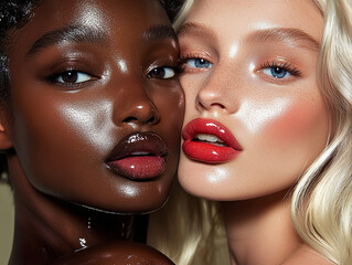 High contrast beauty shot featuring two models with diverse skin tones, glossy lips and radiant skin. image captures striking visual harmony and elegance
