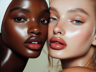 Two women with diverse skin tones and glossy lips, beauty and confidence. Their radiant complexions highlight beauty of diversity in modern aesthetics