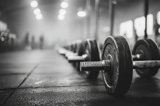 Dumbbells lined up in a modern gym during a busy workout session in the evening