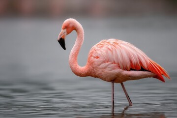 A flamingo stands gracefully in shallow water, its vibrant pink feathers detailed against a tranquil, muted backdrop.