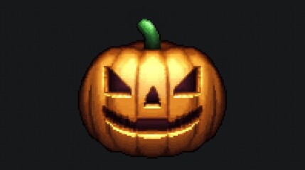 Pixelated Halloween pumpkin, dark background, spooky face