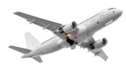 Airplane Taking Off: A commercial airplane is seen taking off, captured in mid-air with its engines blazing, against a plain background.