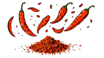 A modern flat design illustration of spicy chili red pepper flakes and paprika, isolated on white.  The image uses simple, two-dimensional shapes and volumetric lighting with visible light beams t