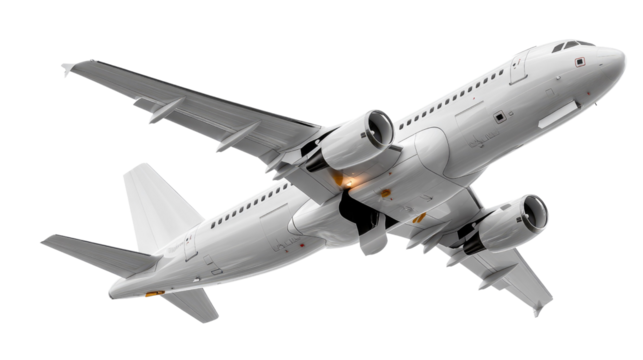 Airplane Taking Off: A commercial airplane is seen taking off, captured in mid-air with its engines blazing, against a plain background.