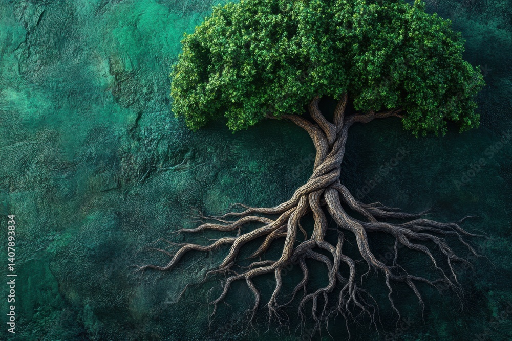 Fototapete Tree roots resembling a neural network illustrate the concept of organic intelligence on a textured green background