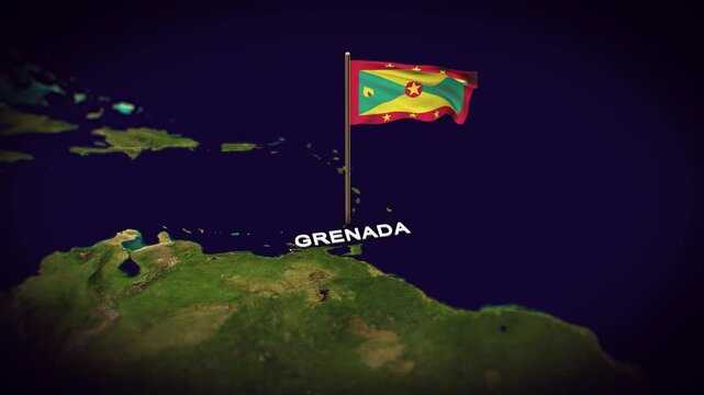 The Flag of Grenada on the World Map, Grenada map with flag 3d animation