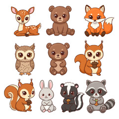 Fototapeta premium Cute Forest Animals Deer with Bear, Fox, and Owl Cartoon.