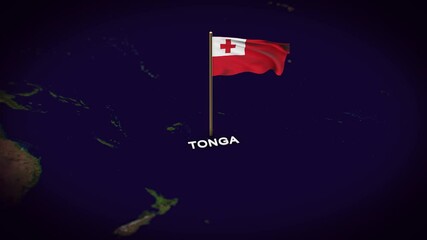 The Flag of Tonga on the World Map, Tonga map with flag 3d animation