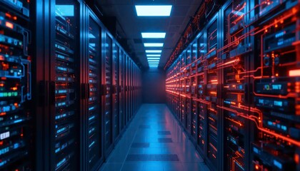 Inside Data Center Room Hosting Servers with Illuminated Wires and Hardware