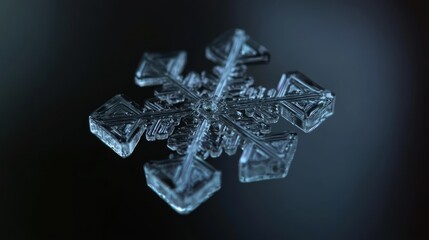 Detailed close-up snowflake, dark background, winter scene, graphic design