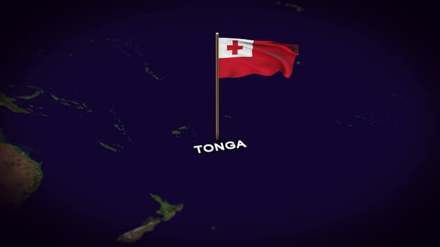The Flag of Tonga on the World Map, Tonga map with flag 3d animation