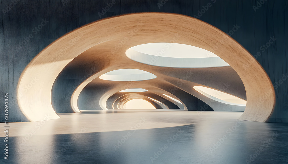 Aufkleber 3d render of abstract futuristic architecture with empty concrete floor, product and car presentatio