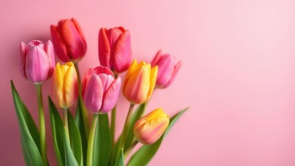 Fototapeta premium A Delicate Bouquet of Vibrant Pink and Yellow Tulips on a Soft Pink Background