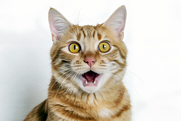 Obraz premium A ginger tabby cat's surprised gasp, wide-eyed and mouth agape against a bright white backdrop.