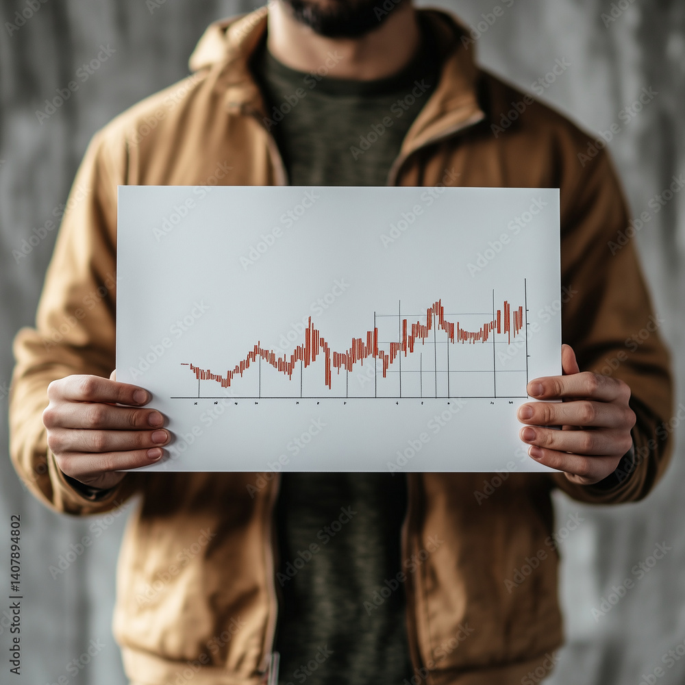 Poster man holding whiteboard displaying simple sales graph, showcasing upward trends and fluctuations. bac